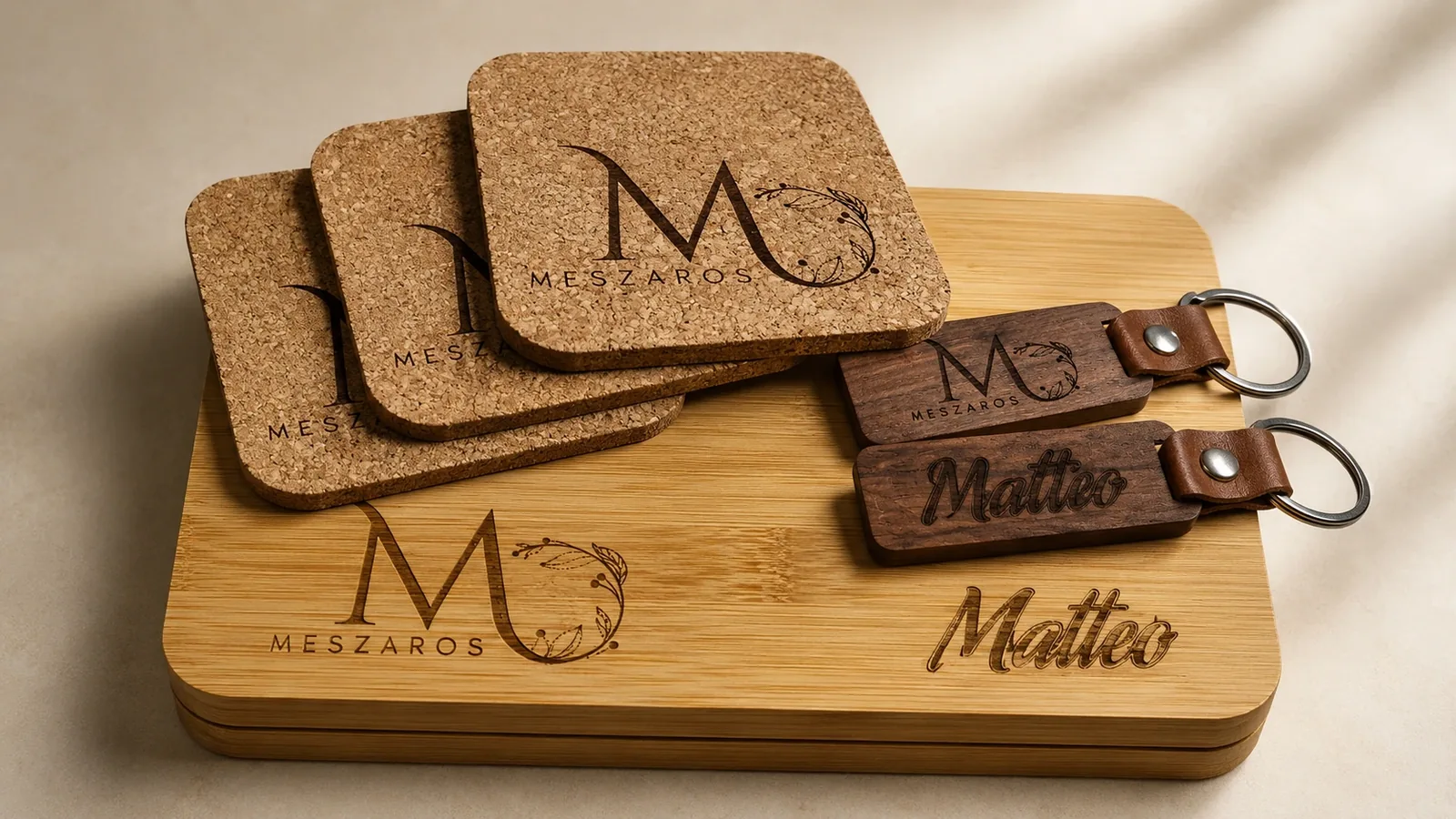 Personalisiertes Geschenkset aus Bambus, Kork und Holz
