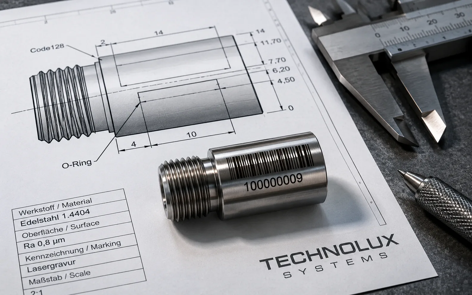 Technische Laserkennzeichnung auf einem Edelstahlbauteil